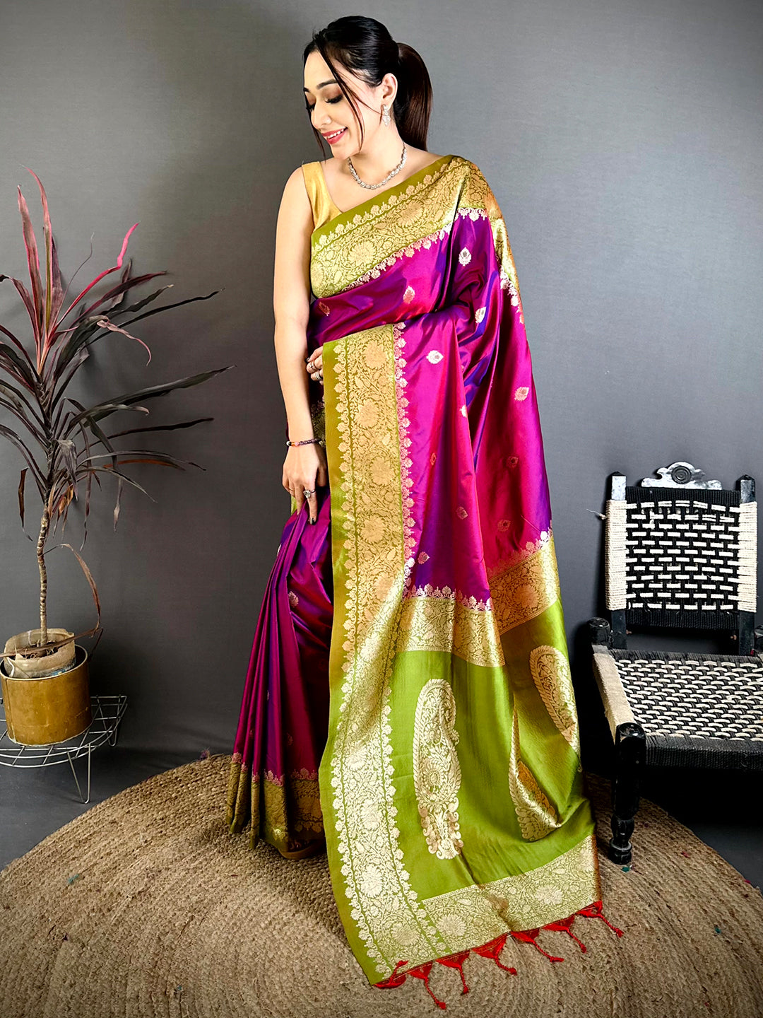 Regal Magenta Soft Silk Gadwal Saree With Maggam Blouse