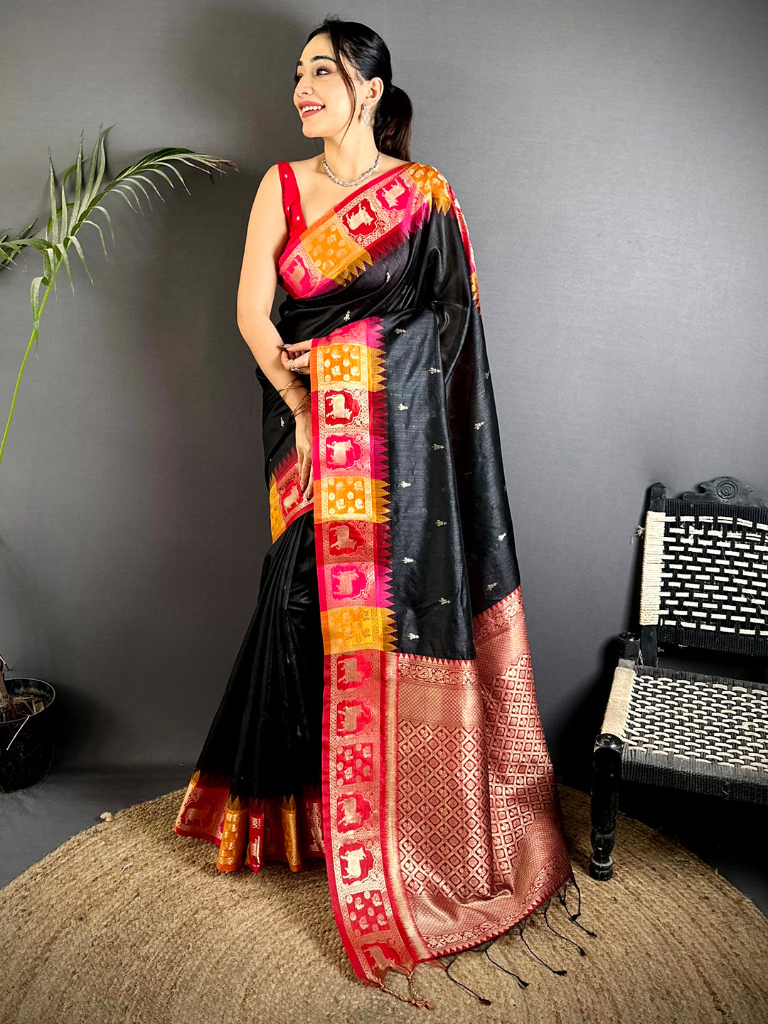 Black Minakari Kanchi Pattu Raw Silk Saree