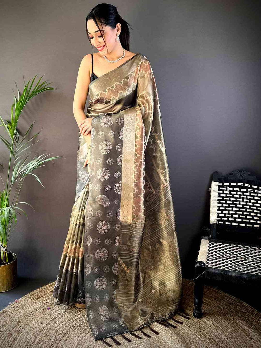 Light Brown Tissue Striped Digital Printed Saree