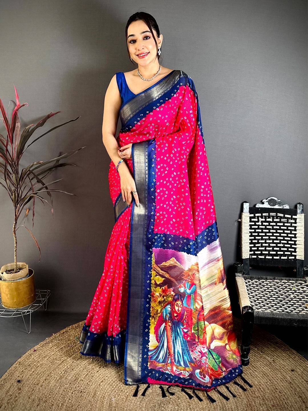 Rani Pink Bandhej Fusion Dola Print Saree