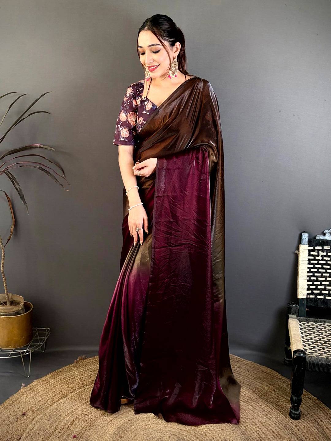 Ombre Glass Satin Chiffon Silk Saree
