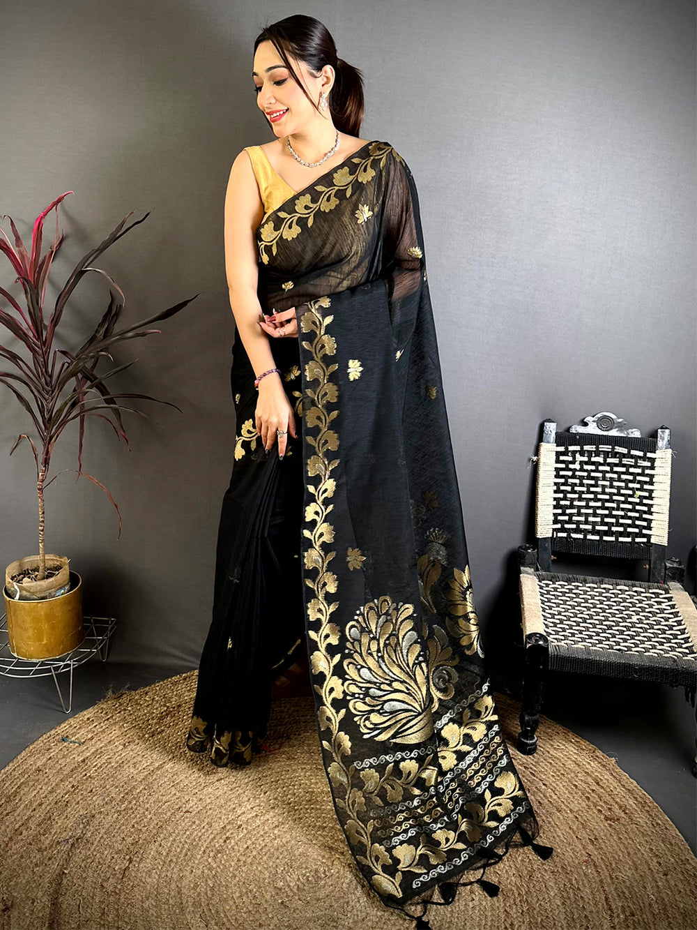 Black Peacock Zari Munga Saree