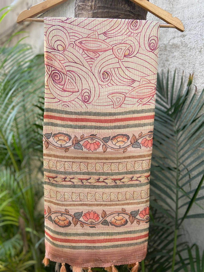 Peach Soft Kota Doriya Silk Saree With Flower Kalamkari Print