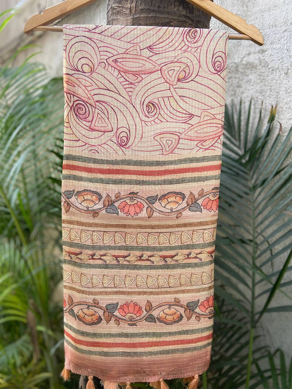 Peach Kota Doriya Silk Saree With Flower Kalamkari Print