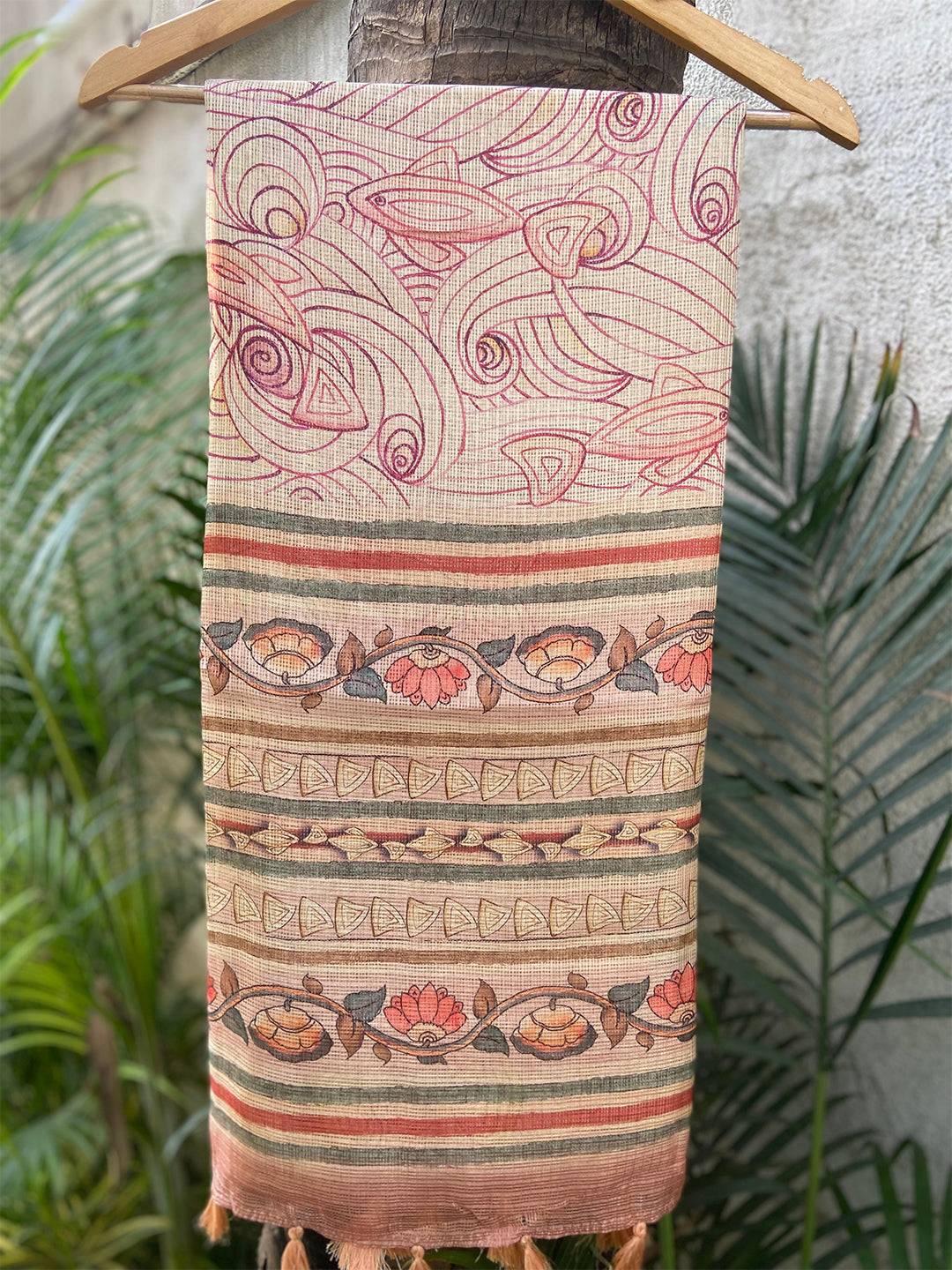 Peach Kota Doriya Silk Saree With Flower Kalamkari Print