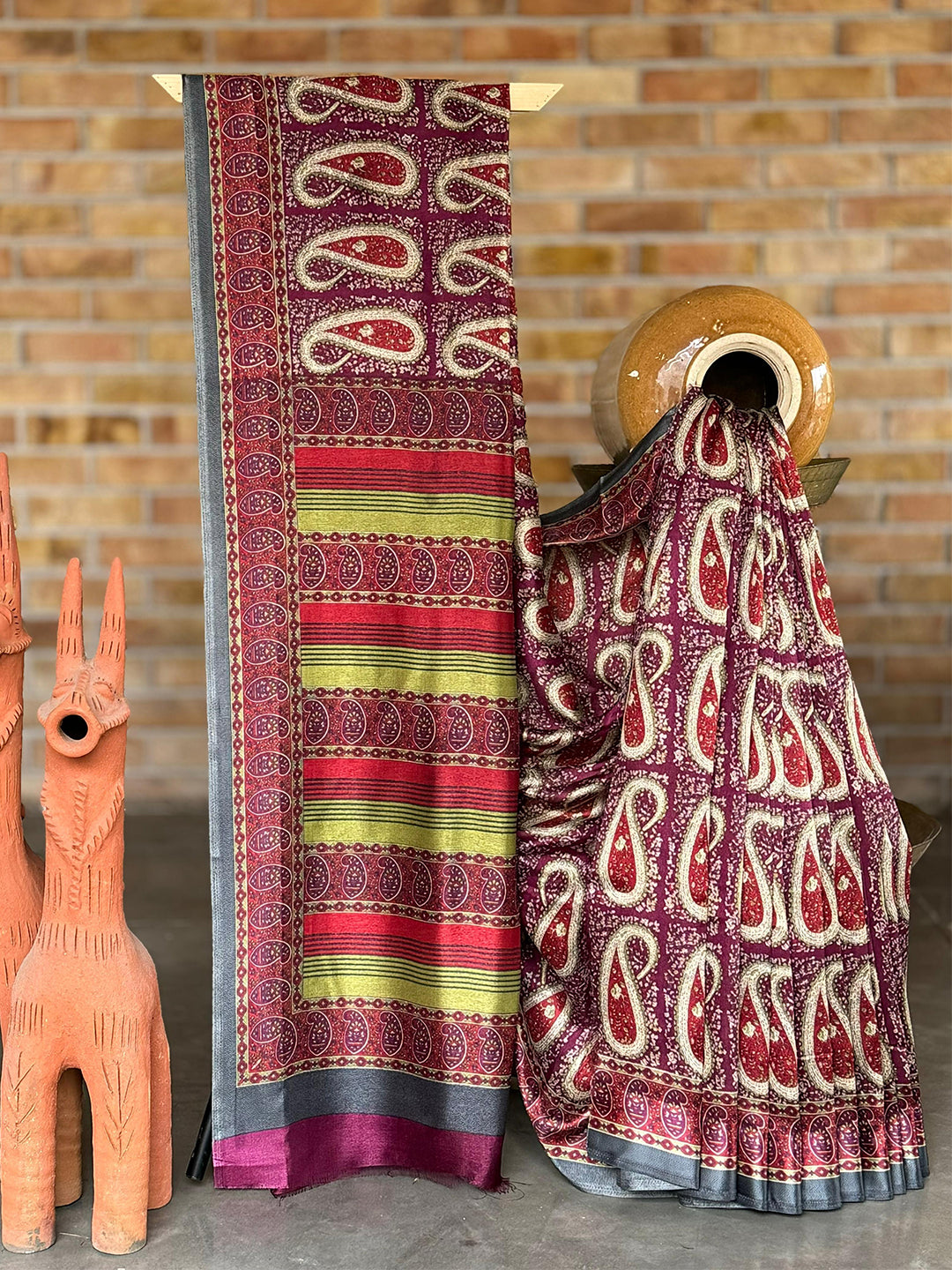 Wine Pure Pashmina Satin Border Saree