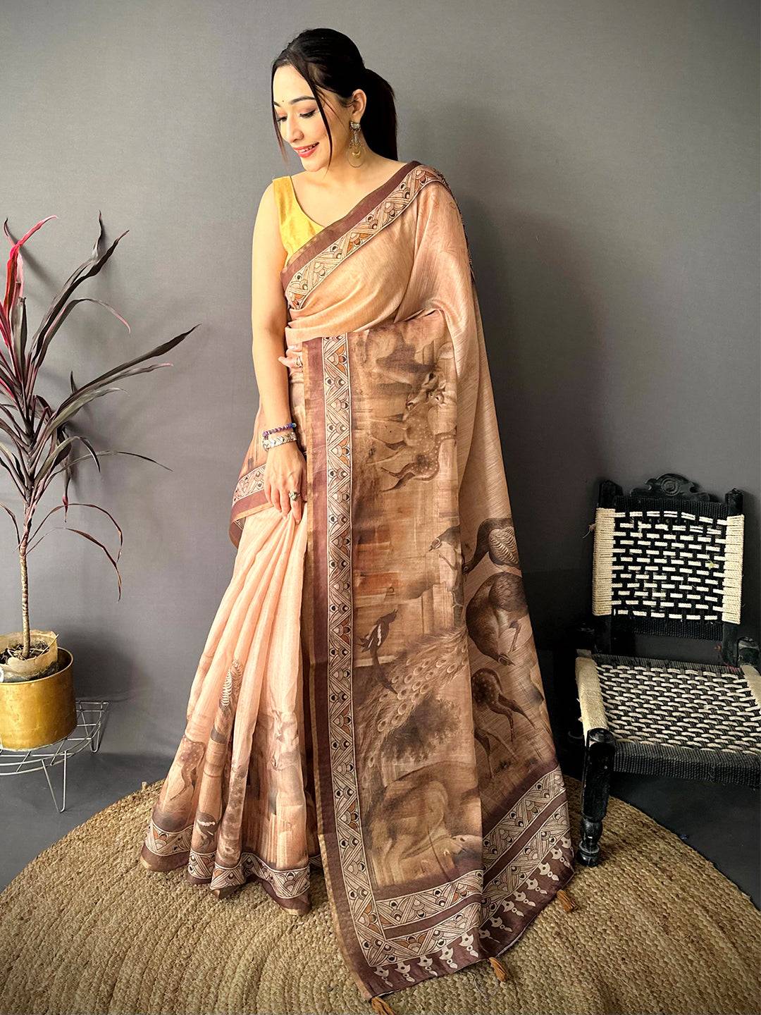 Regal Art Poster Pallu Kalamkari Linen Saree


