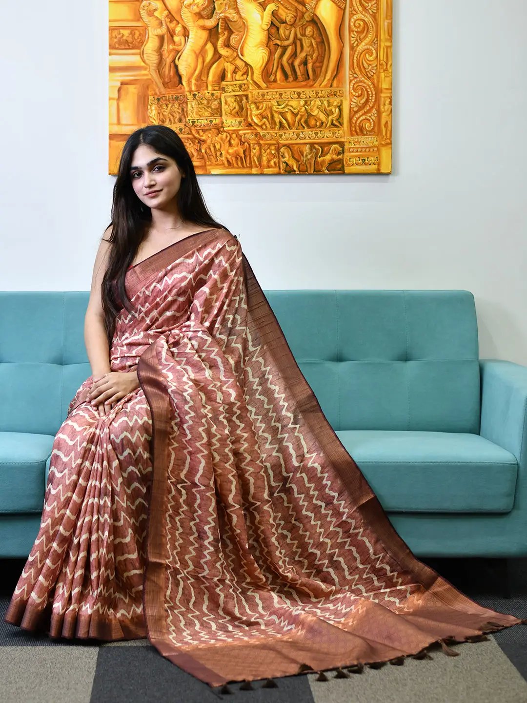 Model wearing Pure Tussar Ghicha Silk Saree with digital print