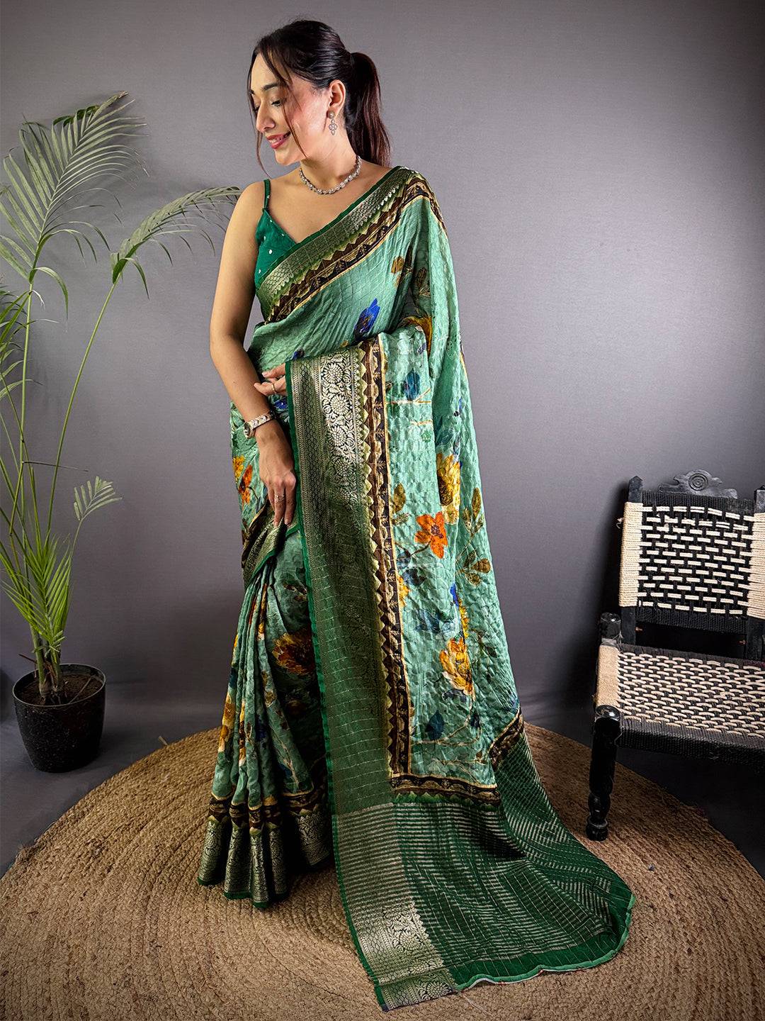 Sea Green Pure Viscose Floral Printed Saree