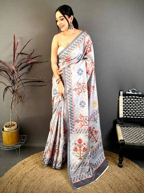 Grey Tussar Floral Digital Art Saree