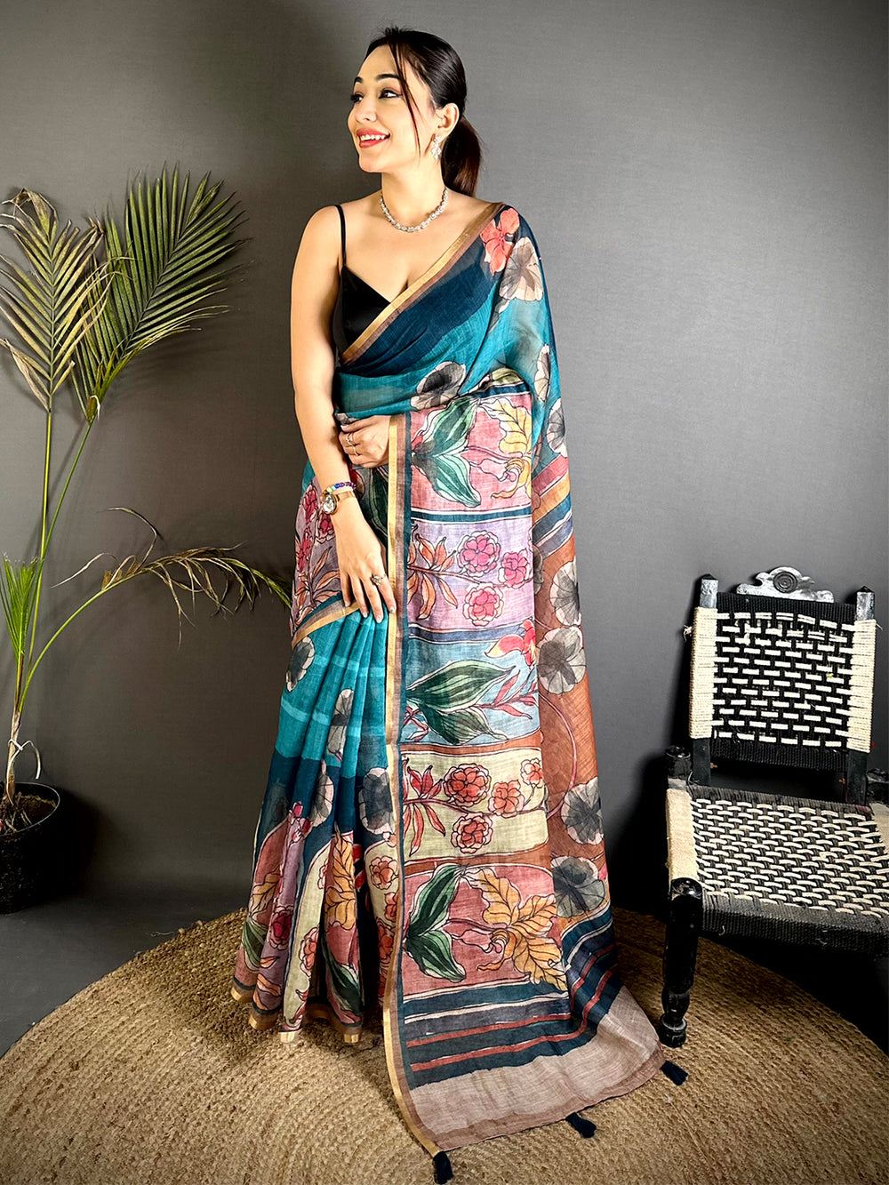 Stylish Hand Block Floral Linen Saree