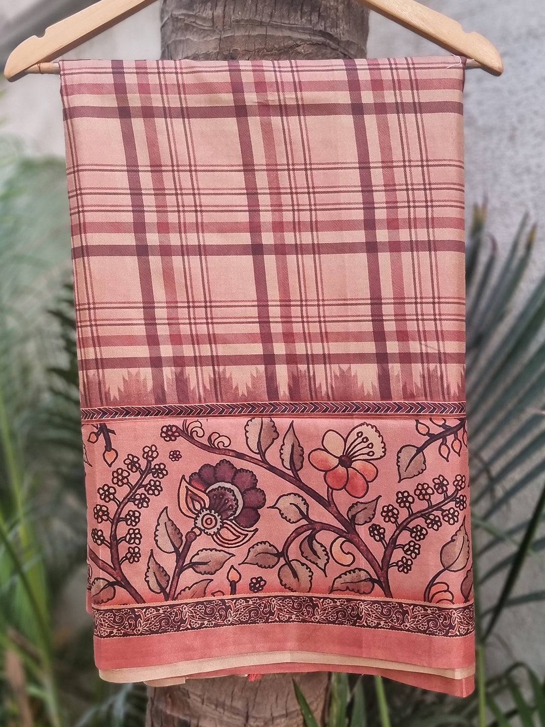 Bollywood Tussar Silk Saree With Flower Kalamkari & Chex Motifs