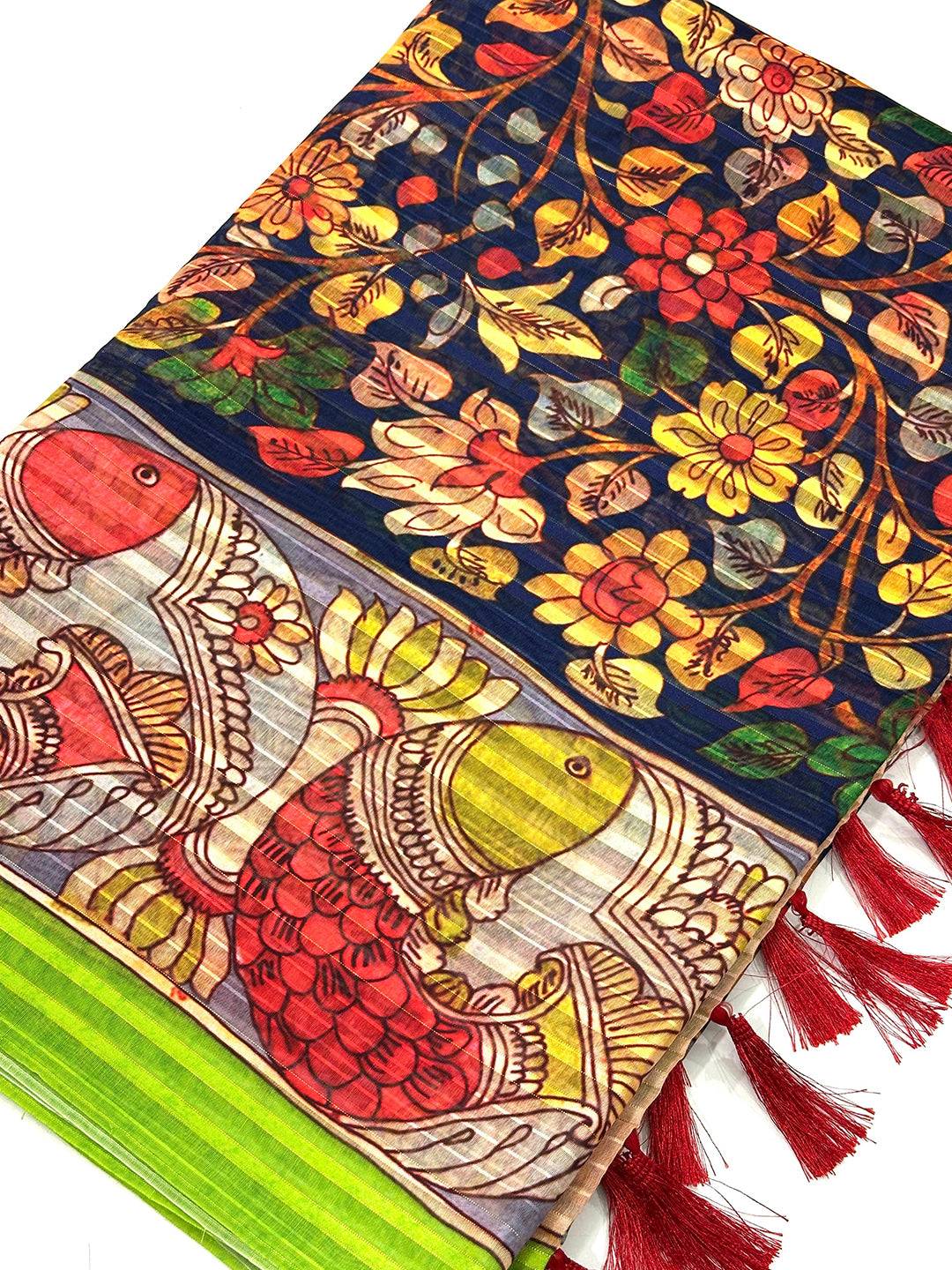 Close-up of Orchid Blue Pen Kalamkari Linen Saree with floral and fish motifs