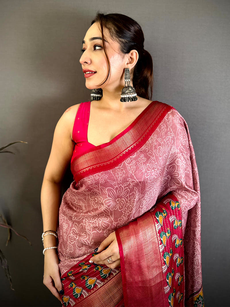 Elegant Zari Katha Pattern Kalamkari Saree