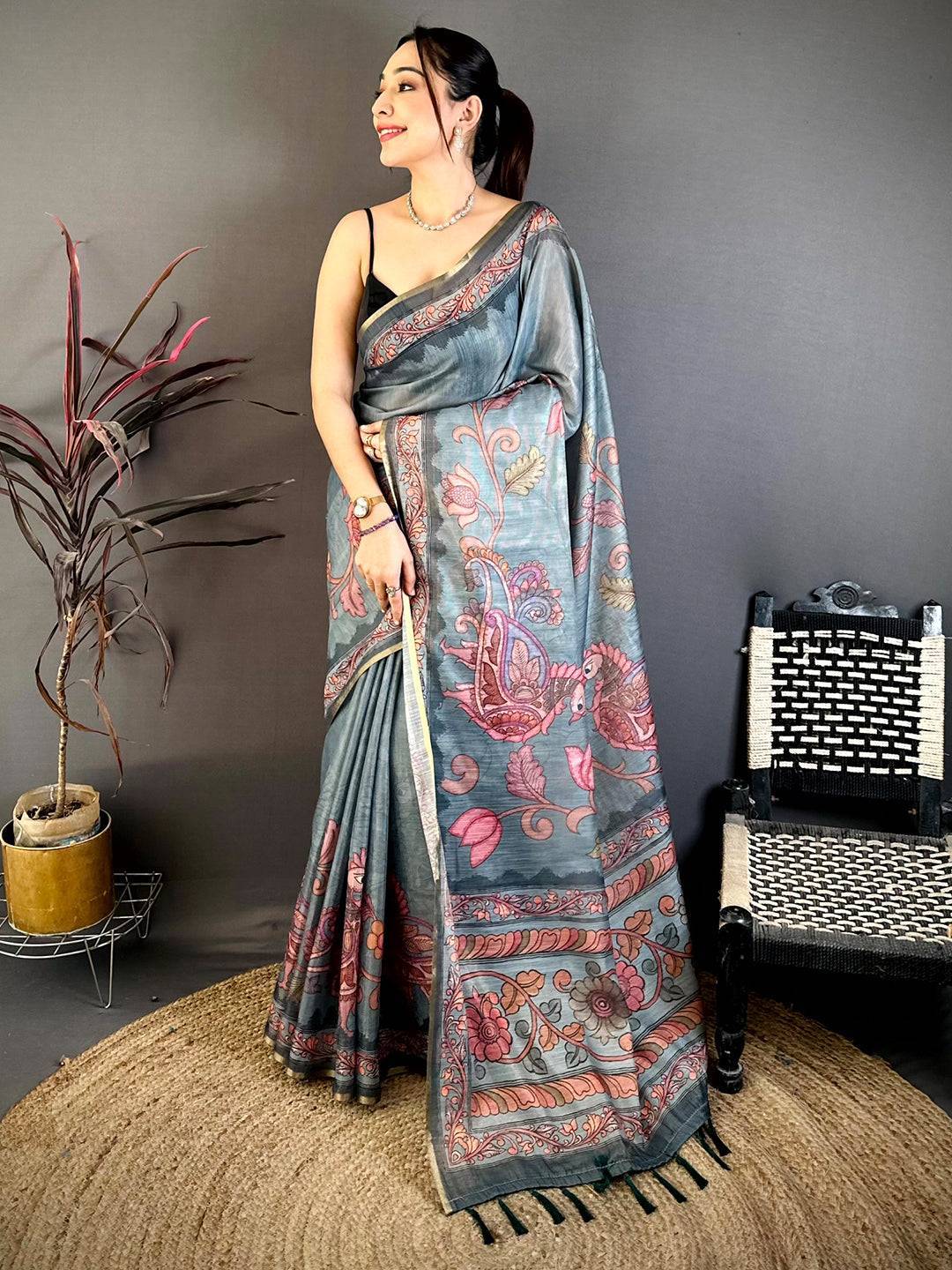Slate Blue Vintage Pen Kalamkari Chanderi Saree