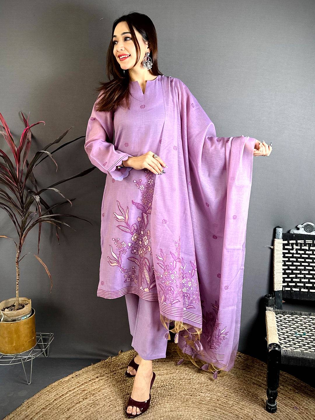 Lavender Hand Embroidered Suit Set