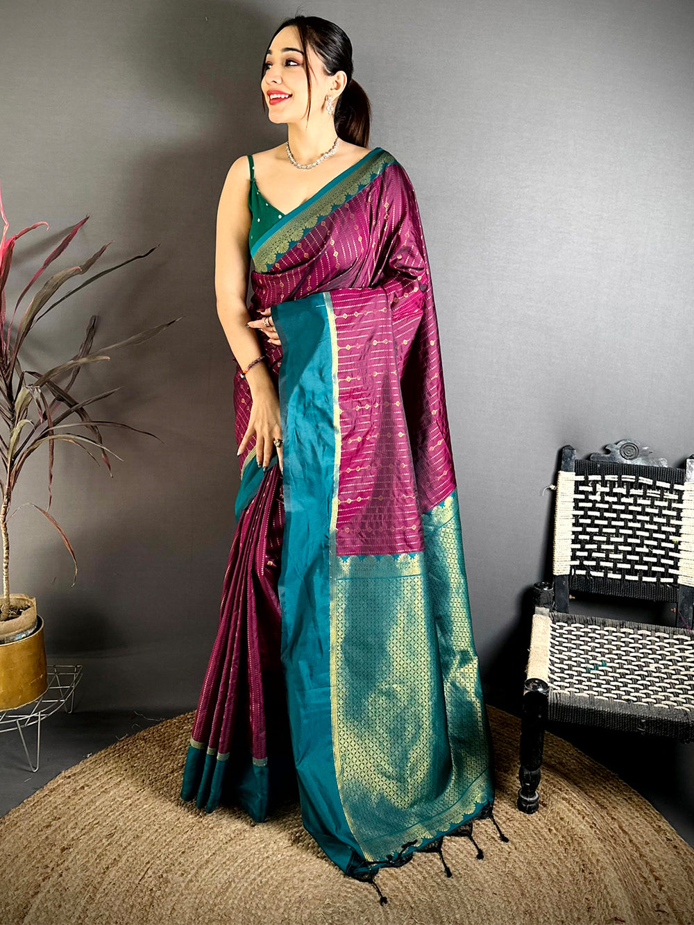 Wine Satin Bentex Border Soft Silk Saree