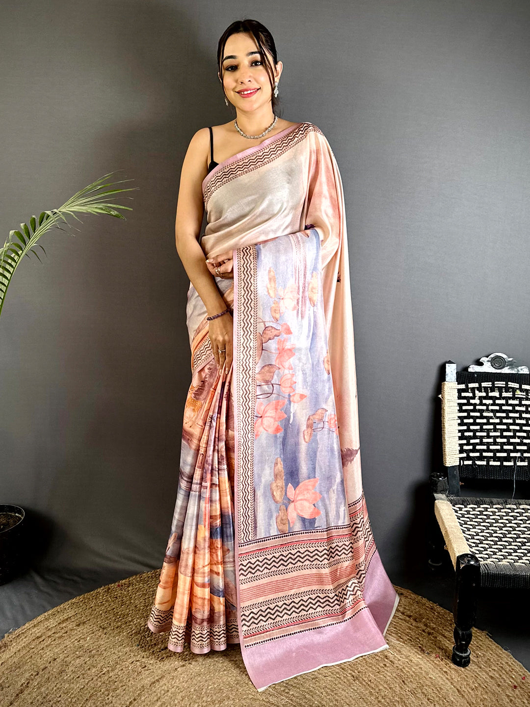 Artistic Water Theme Floral Tussar Saree


