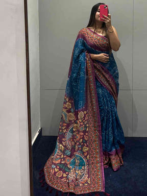 Mirror selfie in blue linen saree with Bandhej and Kalamkari