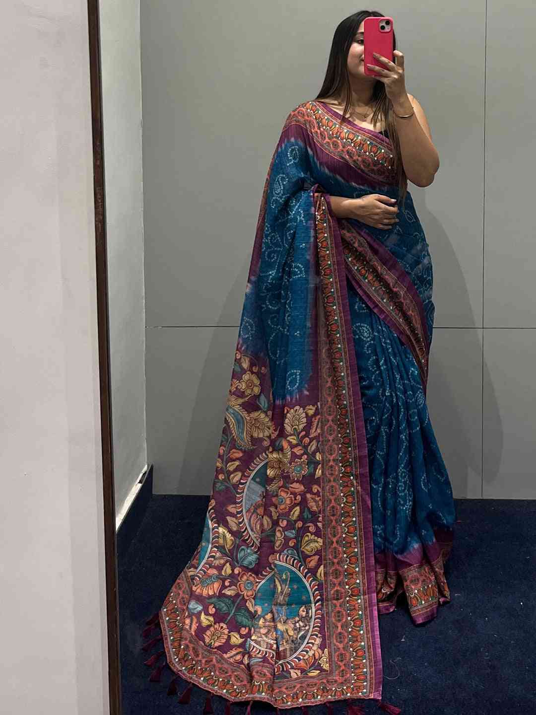 Mirror selfie in blue linen saree with Bandhej and Kalamkari