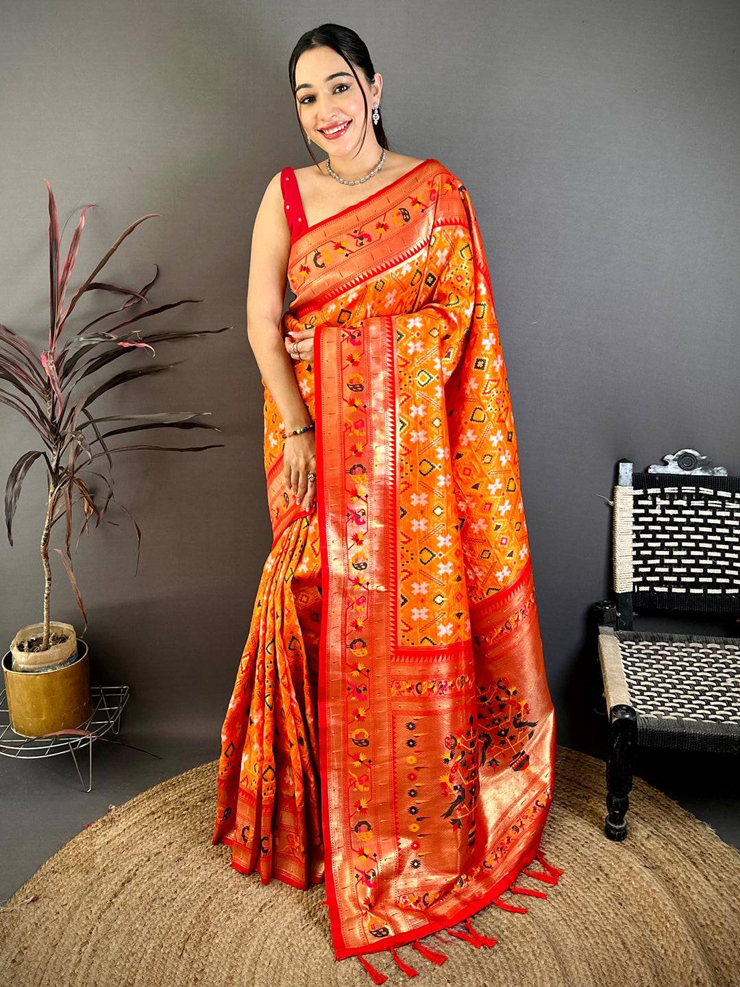 Orange Patola Silk Zari Weaving Saree