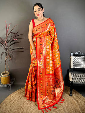 Orange Patola Silk Zari Weaving Saree