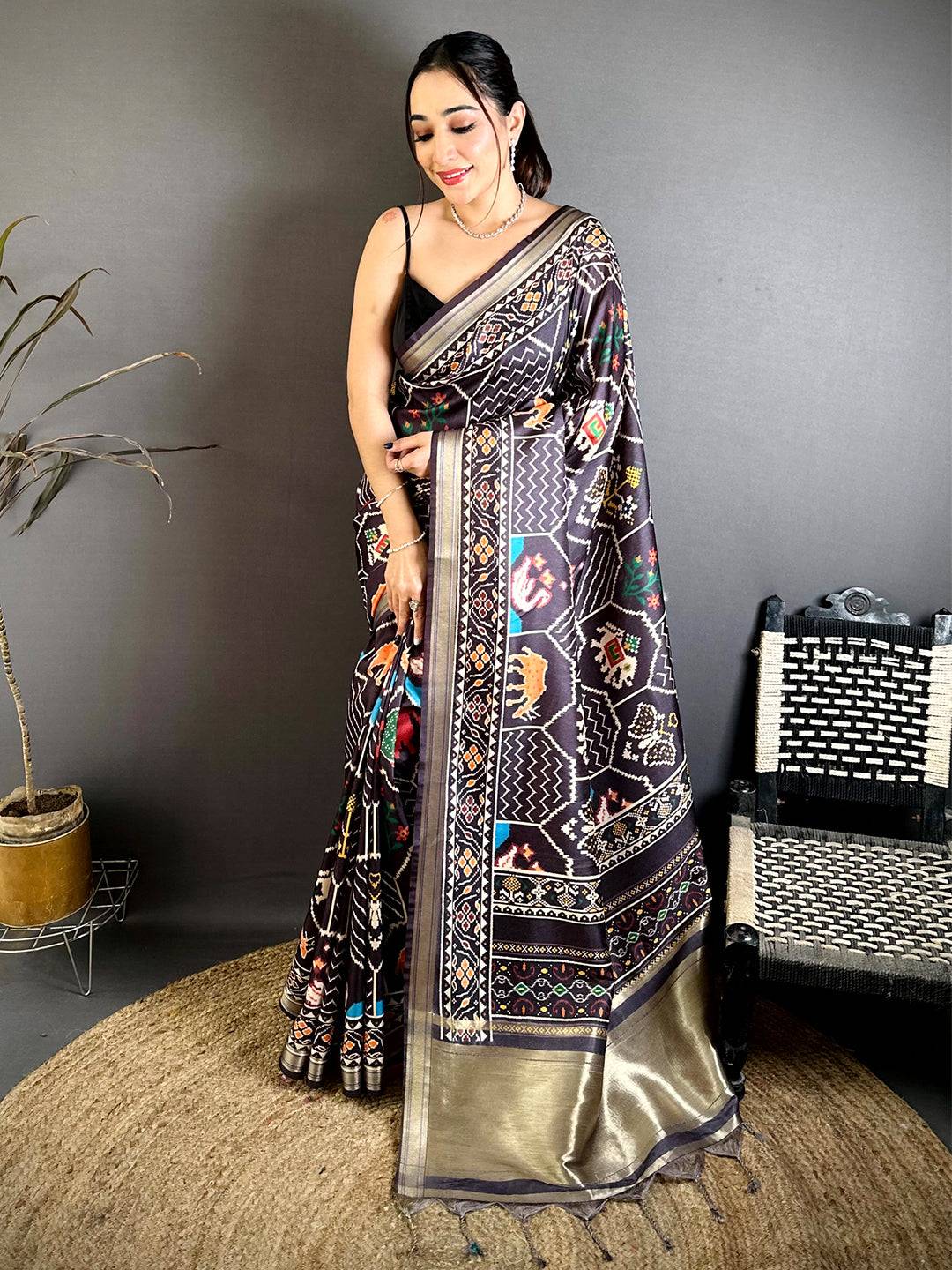 Celebrity Gold Lakda Patta Kalamkari Saree