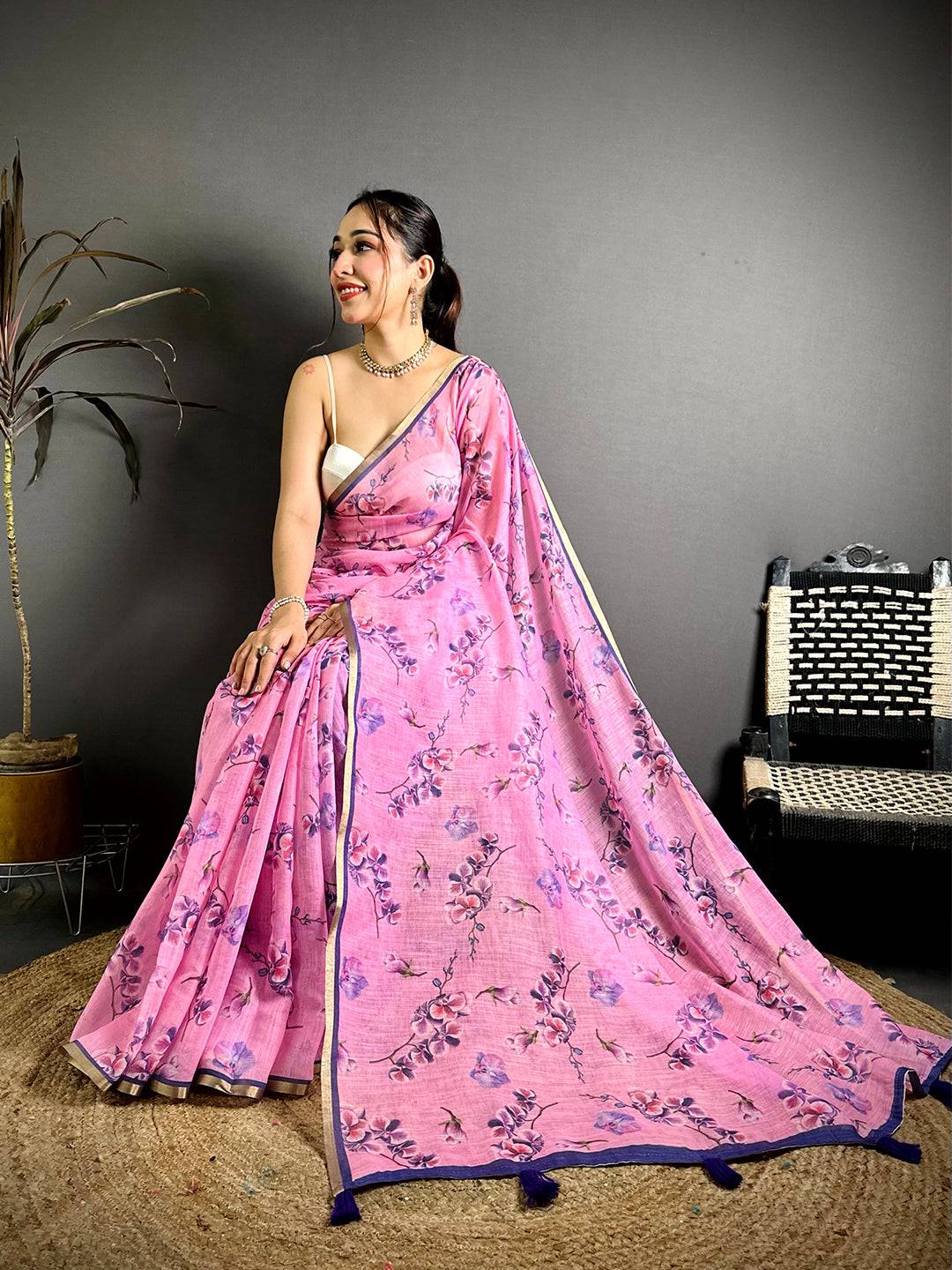 Radiant Pink Linen Chanderi Floral Print Saree