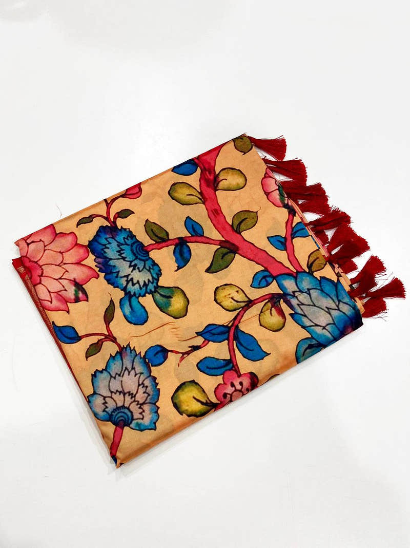 Peach Floral Printed Banarasi Saree