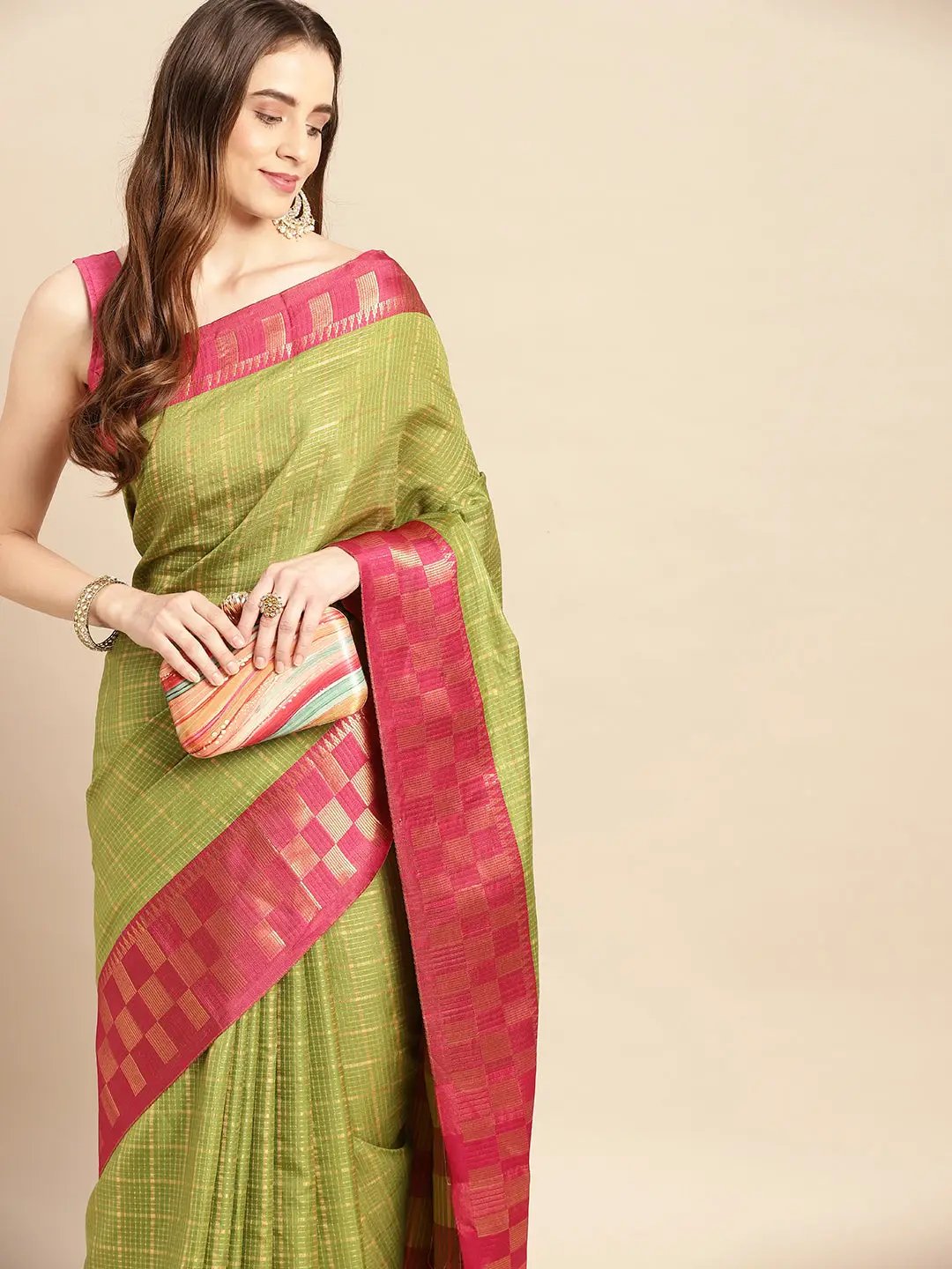 Trendy Olive Colour Woven Design Checked Saree