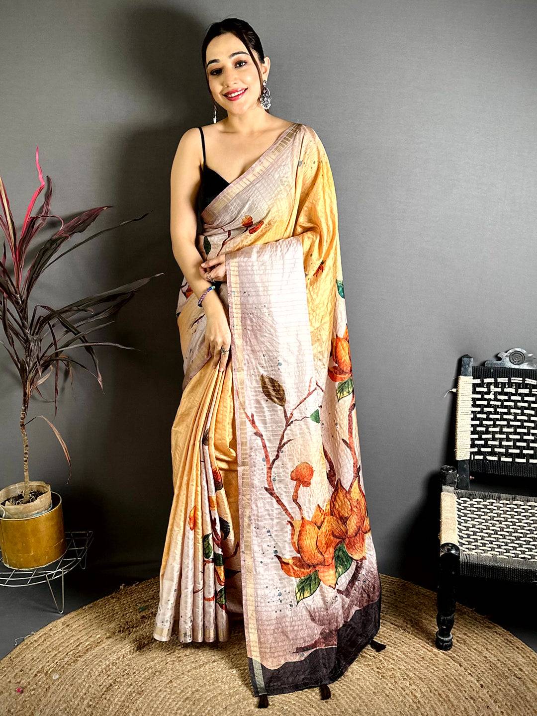 Pastel Yellow Ghicha Tussar Floral Saree