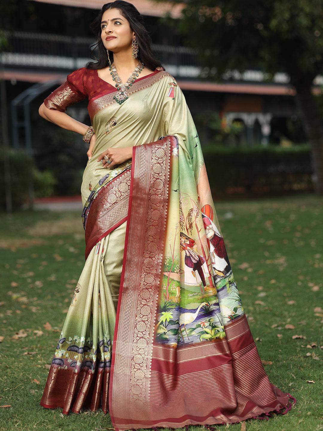 Viscose Dola Silk Pista Saree with Floral and Mughal Print