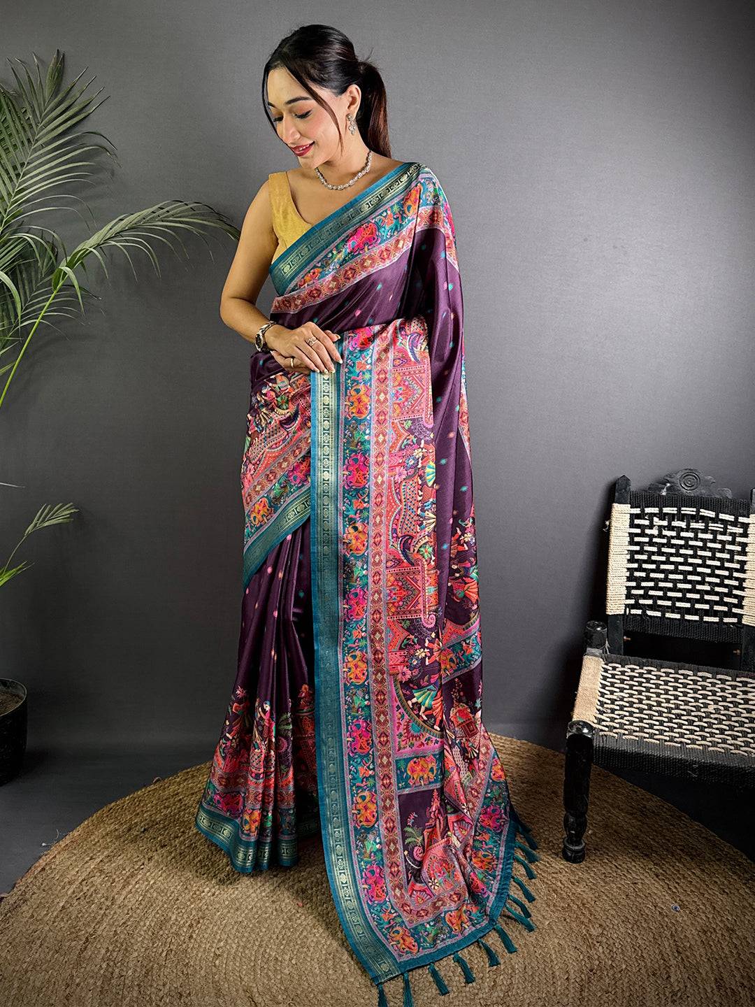 Wine Soft Silk Pashmina Kashmiri Print Saree