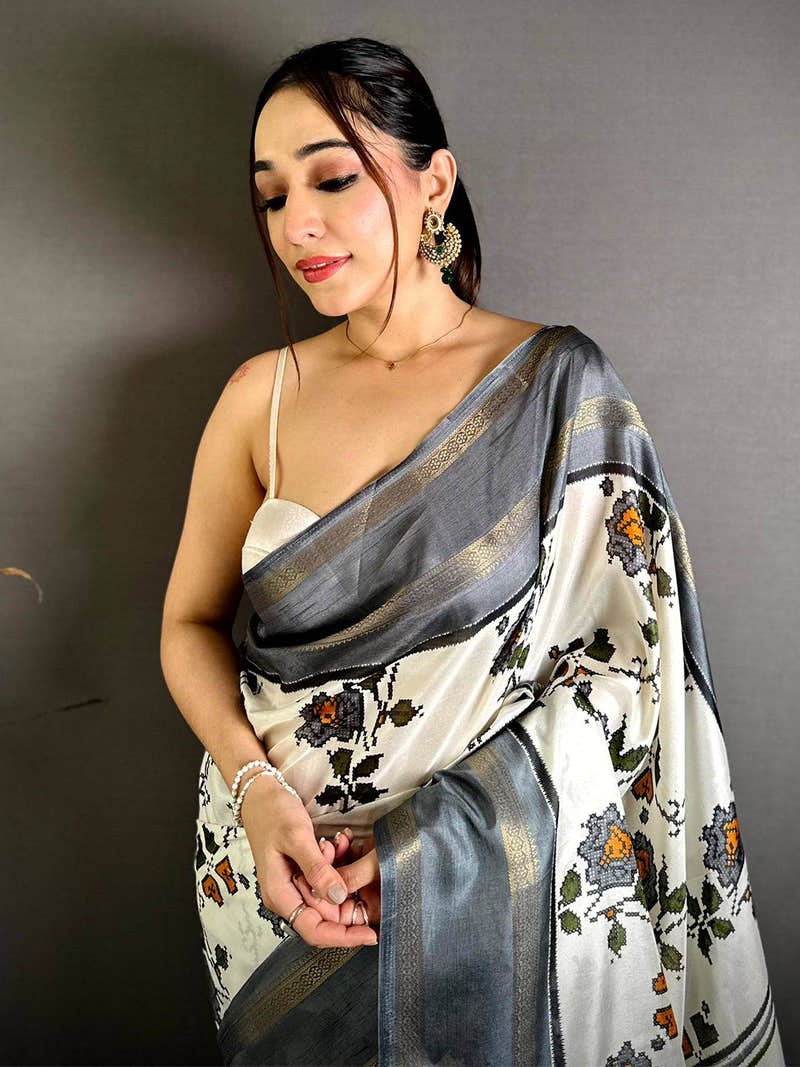 Grey Soft Dola Floral Print Gadwal Border Saree