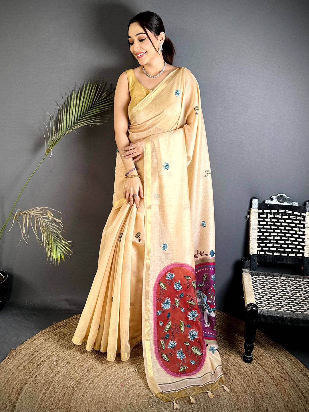 Royal Pichwai Resham Work Linen Saree


