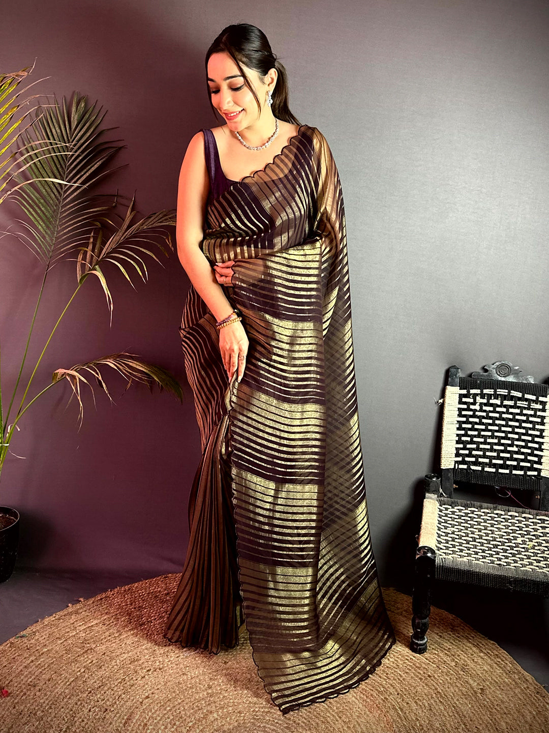 Radiant Gold Zari Striped Chiffon Saree