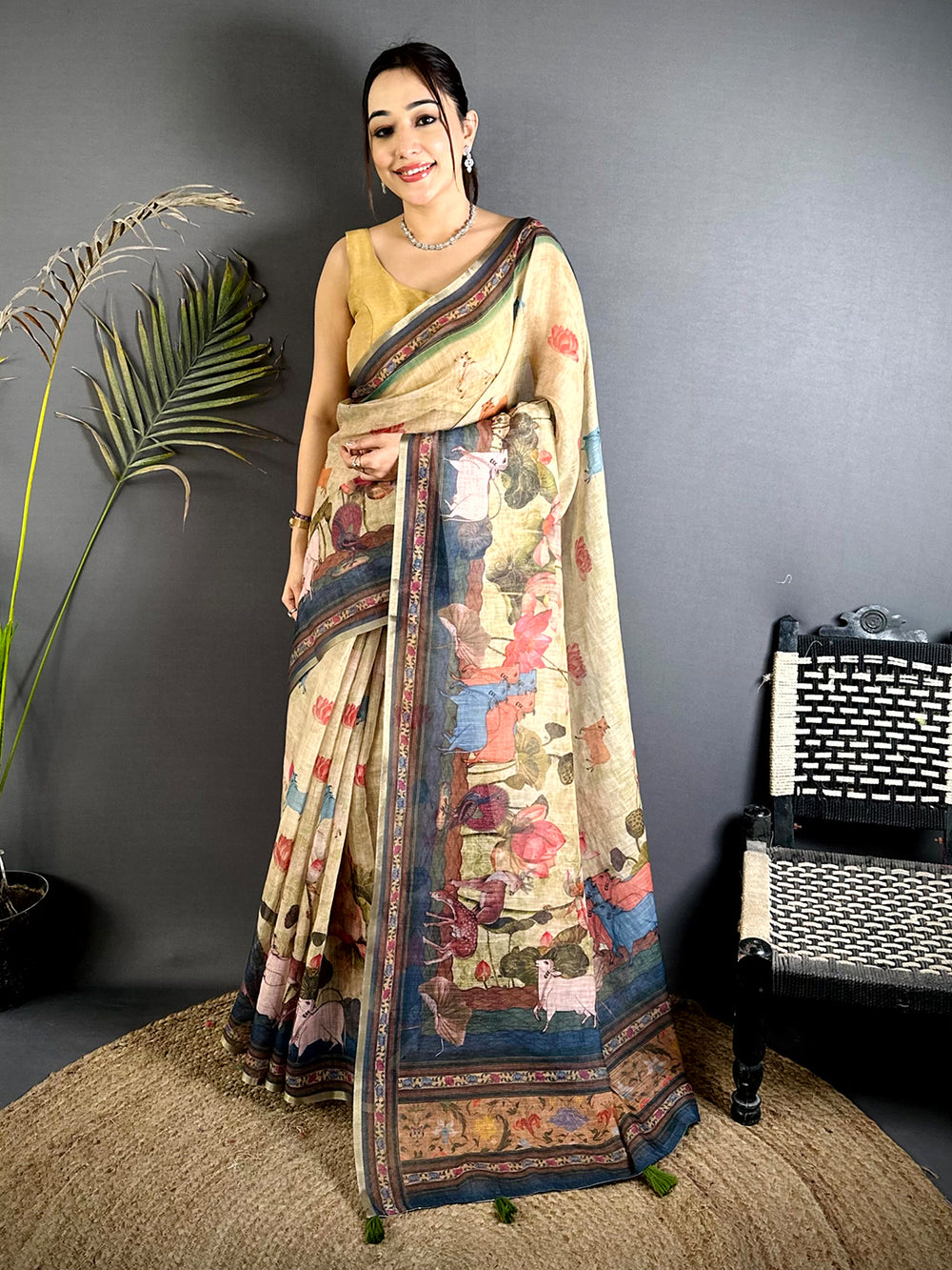 Beige Pichwai Kalamkari Linen Saree