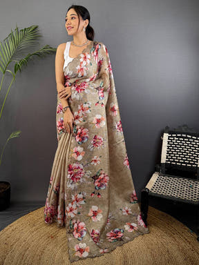 Beige Kota Floral Digital Cut Work Saree
