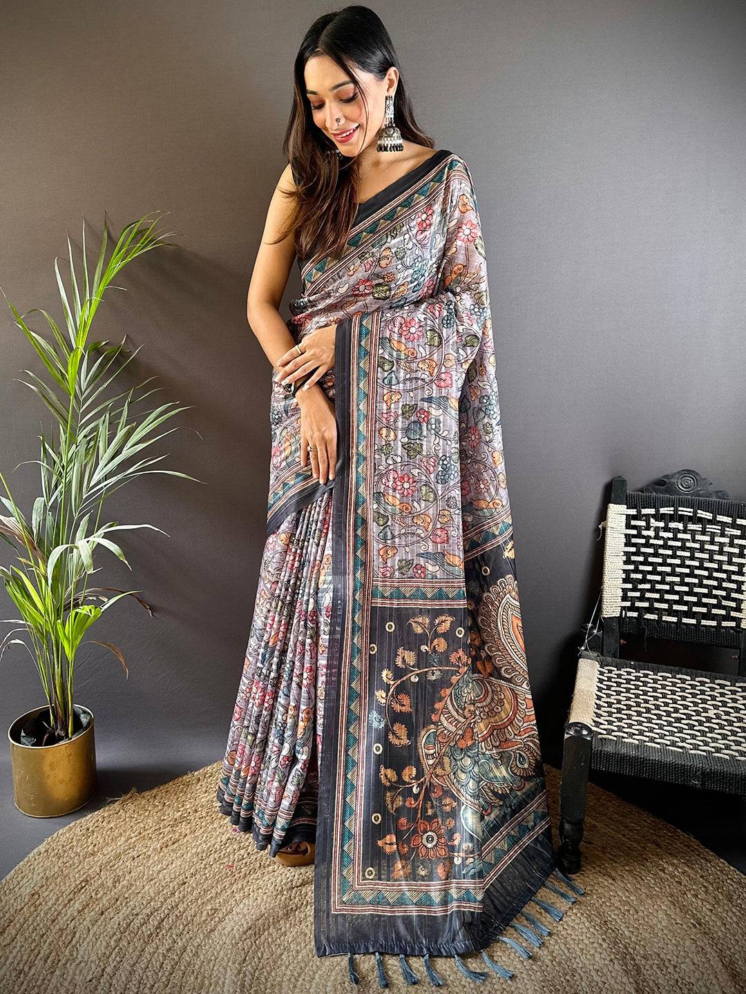 Grey Kalamkari Stripes Chanderi Saree