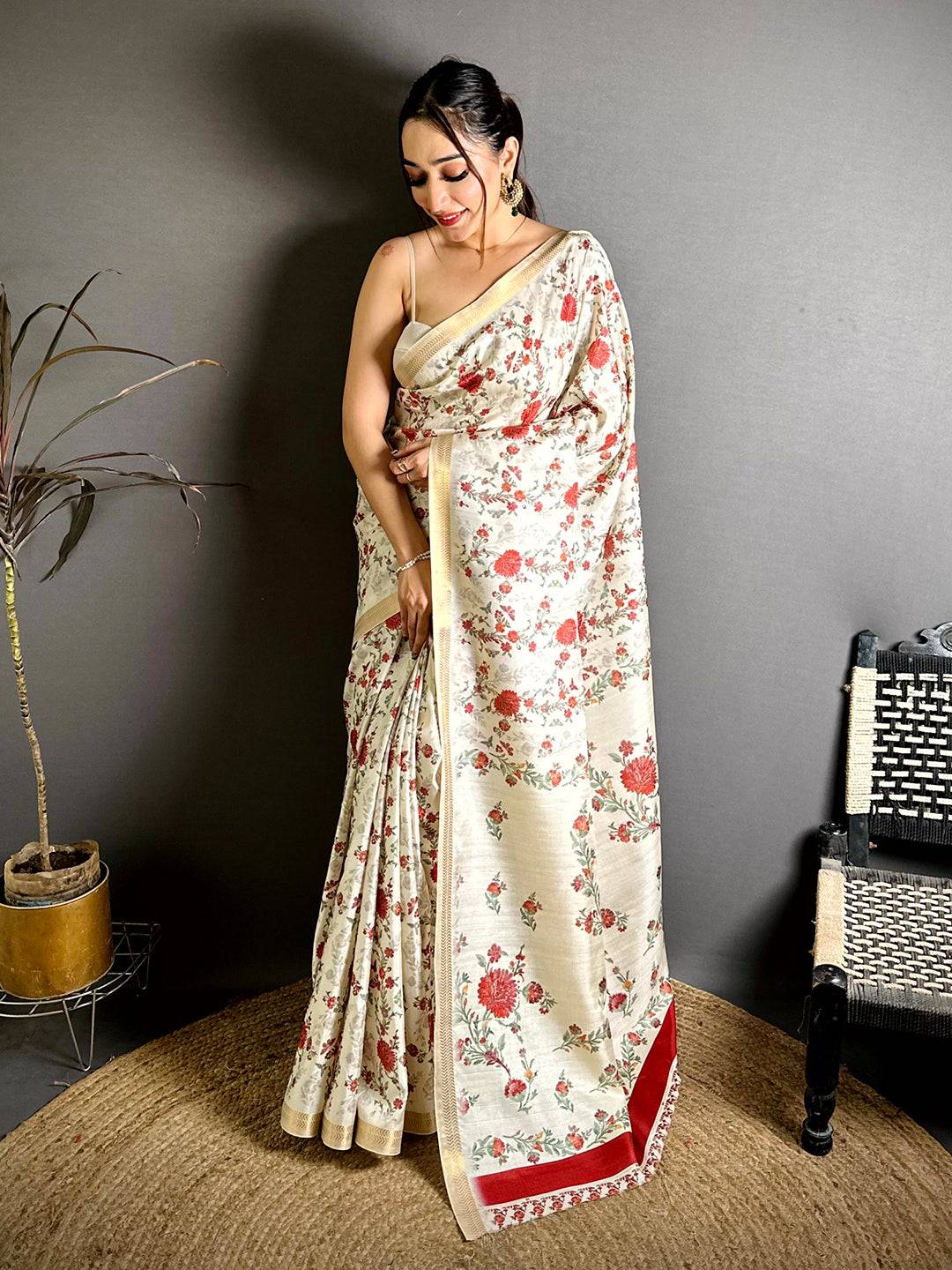 Stylish Red Rose Floral Print Tussar Saree