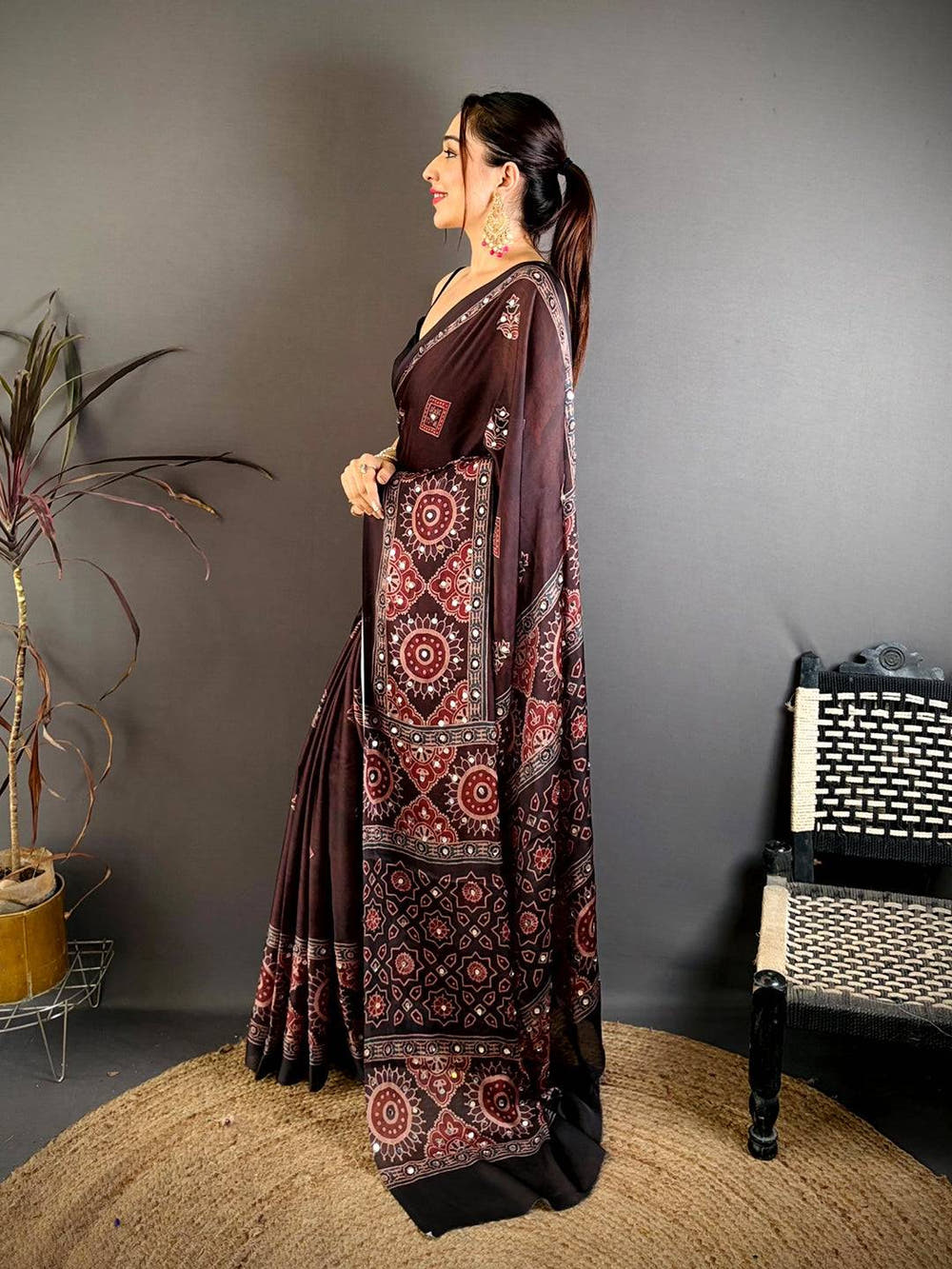 Classic Ajrakh Print Mirror Work Saree