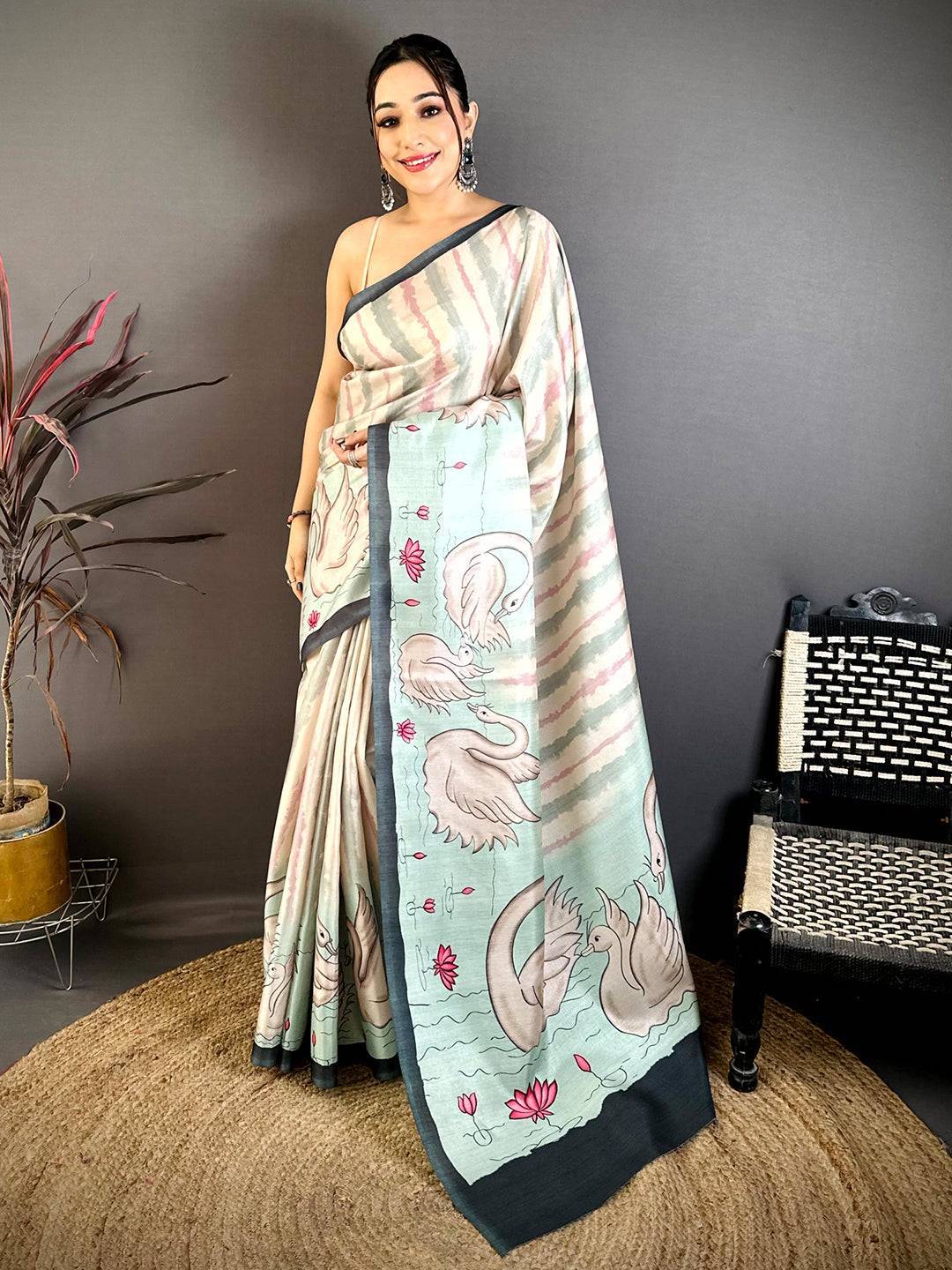 Opulent Soft Tussar Swan Print Saree