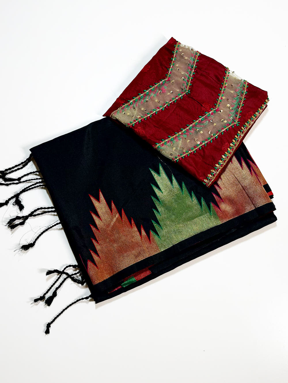 Black Copper Radiance Soft Silk Saree With Maggam Blouse