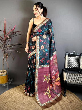 Black Tussar Pen Kalamkari Print Saree