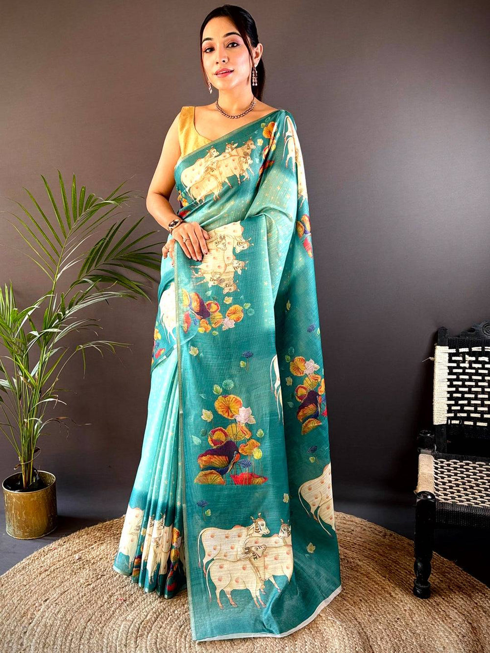 Sky Blue Chanderi Pichwai Print Saree