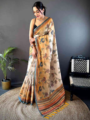 Radiant Orange Zari Tussar Floral Saree

