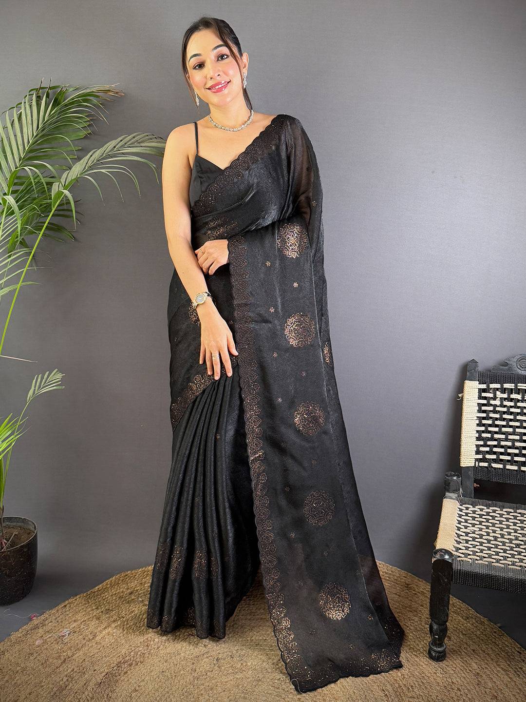 Black Art Silk Sith Embroidery Work Saree
