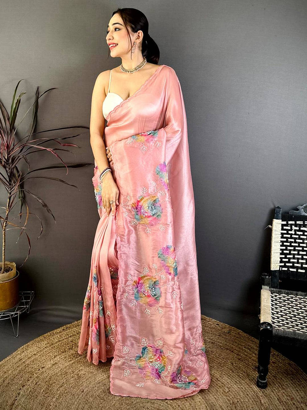 Stylish Applique Pearl Embroidered Saree