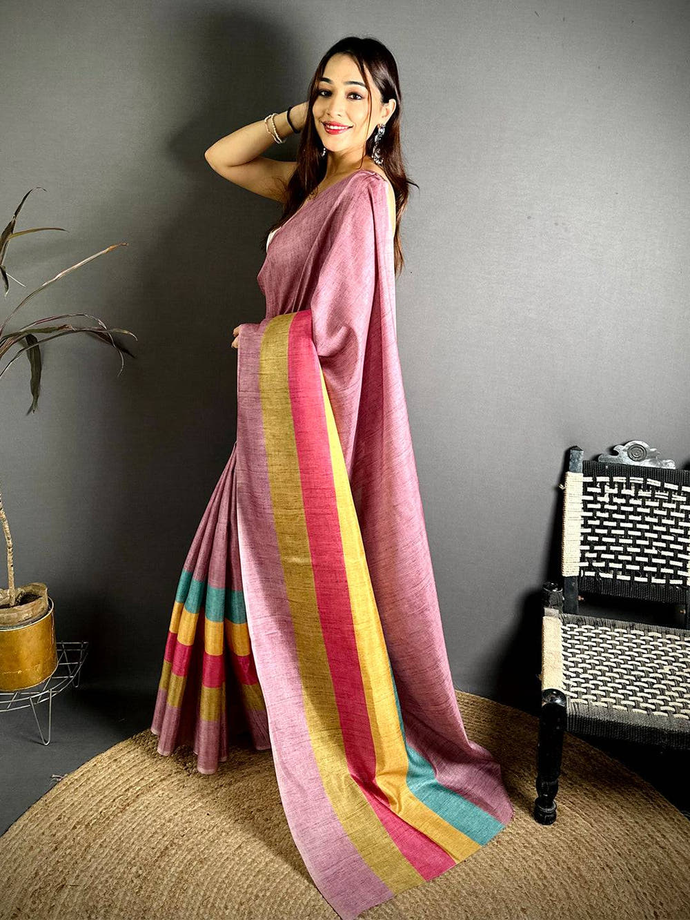 Vibrant Ghicha Stripe Digital Tussar Saree