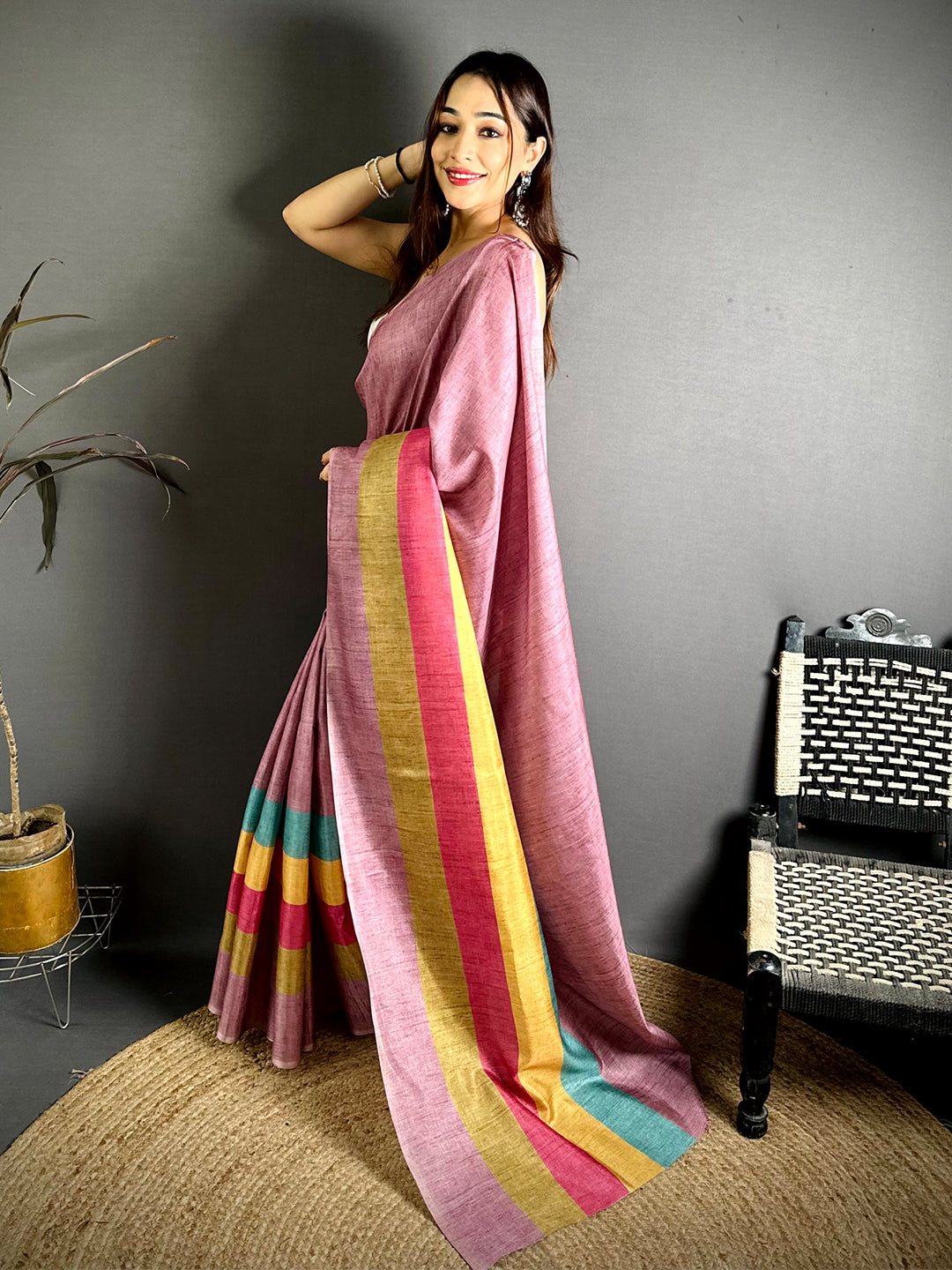 Vibrant Ghicha Stripe Digital Tussar Saree